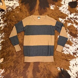 J. Crew Tan and Gray Striped Crewneck Sweater